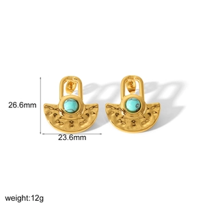Gold fan-shaped stainless steel earrings with blue turquoise inlay 26.6mm x 23.6mm