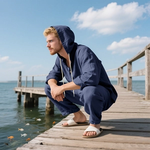 Detail of navy blue linen blend hoodie and trousers on a seaside dock setting