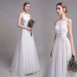 Robe De Mariée Dos Nu Style Français Broderie Dentelle Mesh Tulle Ligne A Longueur Sol Sans Manches Blanc