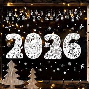 Detailed white 2026 Christmas window stickers featuring Santa, snowman, and reindeer