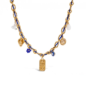 Bohemian gold chain necklace with blue cord, sun pendant, and evil eye charms