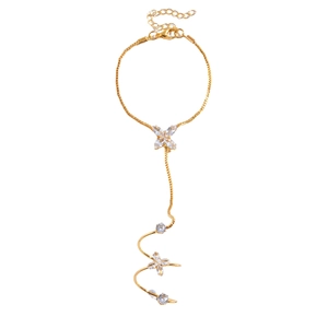 Elegante bracciale anello a farfalla in zircone dorato con cristalli floreali lucenti