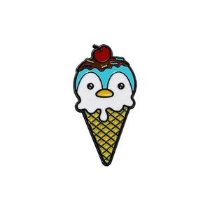 Cute enamel penguin ice cream cone brooch badge with a red cherry on top