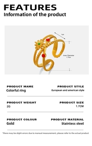 Detailed size specifications for the gold stainless steel sun ring with colorful beads