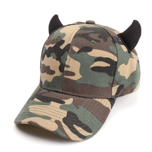 Camouflage baseball cap featuring 3D black devil horns and a classic curved brim