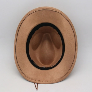 Detail view showing the black sweatband and internal stitching of the camel felt hat