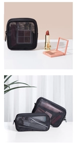 Detail view of black mesh makeup bag set showing storage for brushes and cosmetics