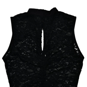 Close-up of black lace sleeveless dress featuring a back cutout and invisible zipper