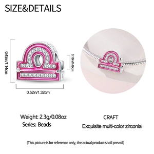 Pink Libra zodiac bead size specifications and close-up detail on silver bracelet