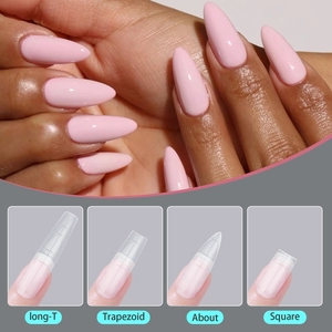 Thin ultra-seamless light pink long almond nail tips with four shape options shown