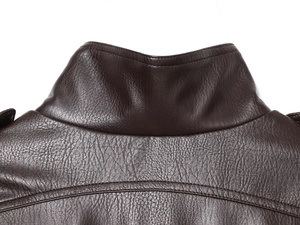Close-up of premium dark brown PU leather jacket collar with detailed stitching and texture