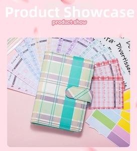 Detail view of A6 loose-leaf budget planner with plaid leather cover and French inner pages