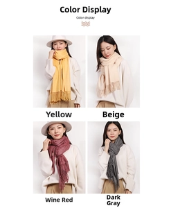 Detail showing knit scarves with tassels in yellow, beige, wine red, and dark grey