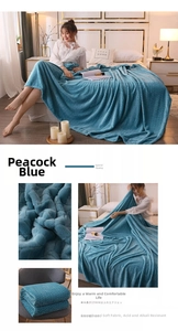 Detail of peacock blue coral fleece blanket showing premium herringbone embossed texture
