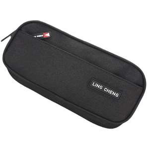 Large capacity black oxford fabric pencil case with double layers and front pocket