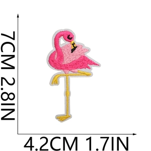 Detailed view of standing flamingo embroidery patch with 7x4.2cm size measurements