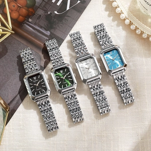Luxury women's square quartz watches with steel mesh bands in four classic dial colors