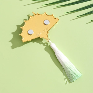 Golden fan fridge magnet with West Lake scenery, white tassel and dual magnetic back
