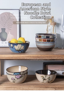 Retro Japanese kiln-glazed ceramic bowls with hand-painted patterns on rustic wooden shelf