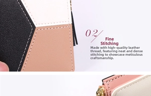 Détail des coutures précises et du zip doré sur le portefeuille en cuir bicolore