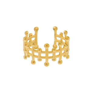 Detailed view of golden hollow grid ring with vertical lines and spherical bead tips