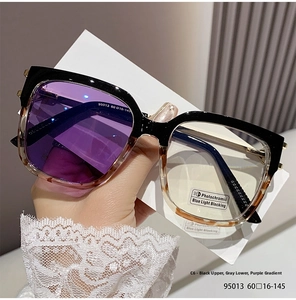 Macro detail of cat-eye blue light blocking frame with photochromic purple lenses