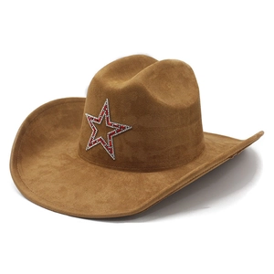 Brown faux suede western cowboy hat featuring a sparkling rhinestone star decoration