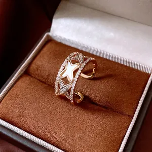 French Light Luxury Zircon Mother Of Artificial Pearl Star Hollow Open Adjustable Copper Ring For Women Geometric Fashion Jewelry