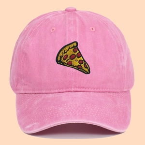 Washed pink cotton baseball cap featuring a pizza slice embroidery with a vintage look