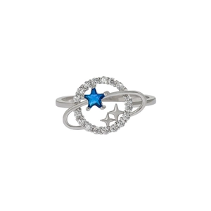 Bague planète en argent S925 avec pierre étoile bleue et cristaux micro-pavés