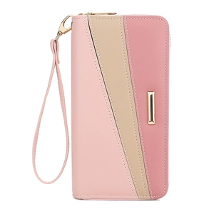 Women's long zipper wallet in pink and beige patchwork design with detachable wrist strap