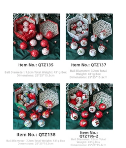 Detailed grid of Christmas ball ornaments with painted festive patterns and gift boxes