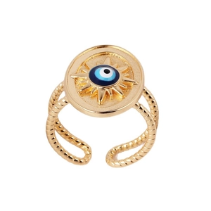 Vintage gold sun devil eye adjustable open ring with blue enamel and twisted band