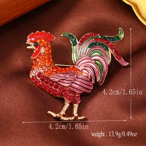Detail view of colorful rhinestone rooster brooch with size and weight measurements