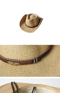 Detail of straw cowboy hat with decorative coffee band, metal feather and colorful stitching