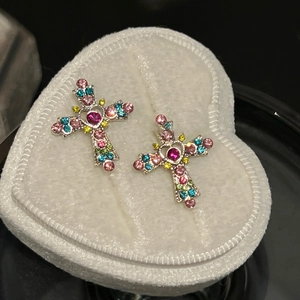 Colorful Rhinestone Cross Hoop Earrings With Silver Earring Post Heart Center Fashion Jewelry For Women