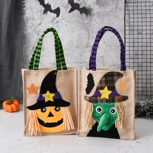 Halloween burlap candy bags with pumpkin and witch designs for festive party decorations
