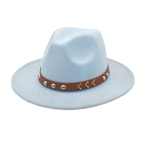 Detail of light blue wool fedora with brown leather strap and silver metal rivets