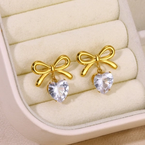 Elegant 18k gold butterfly bow earrings with heart-shaped zircon in velvet box