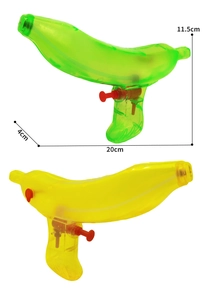 Detailed view of yellow and green banana squirt guns with dimension measurements