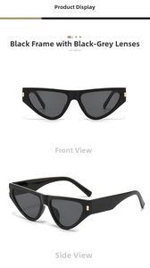 Detail view of black cat eye sunglasses with gray lenses and golden metal accents