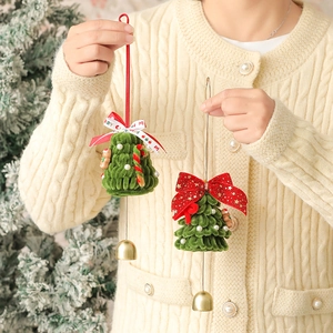 Green plush Christmas tree bell ornaments with pearls and festive ribbons decorations