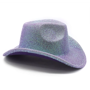 Detail view of purple sequin cowboy hat with metallic glitter finish and curved brim