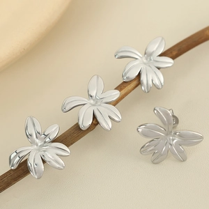 Retro titanium steel floral earrings with vintage silver leaf design for women