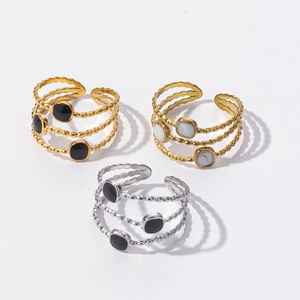 Minimalist 304 stainless steel layered open ring set with black and white shell inlay