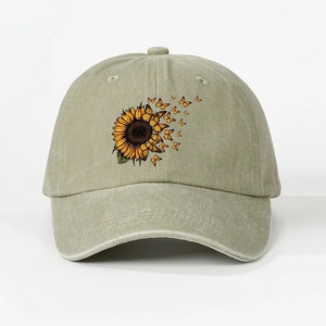 Vintage washed olive green cotton baseball cap with sunflower and butterfly print