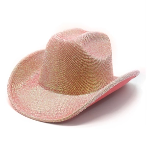Pink glitter western cowboy hat with wide brim and metallic sequins for party