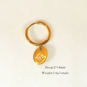 Macro view of 14K gold-plated hoop earring featuring a star-engraved oval pendant