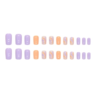 Glossy square lavender and orange wavy press-on nail kit with vibrant swirl patterns