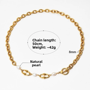 Detail of 50cm gold stainless steel chain with natural pearls and OT toggle clasp